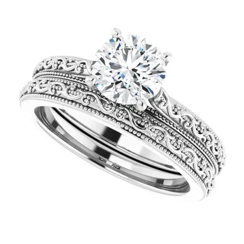 Diamond ring with intricate design on a white background